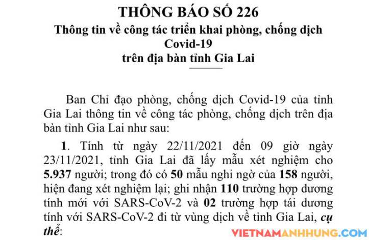Thông báo 226: Sáng ngày 23/11/2021 Gia Lai ghi nhận 110 trường hợp dương tính với Sars-CoV-2 và 02 trường hợp tái dương tính với Sars-CoV-2