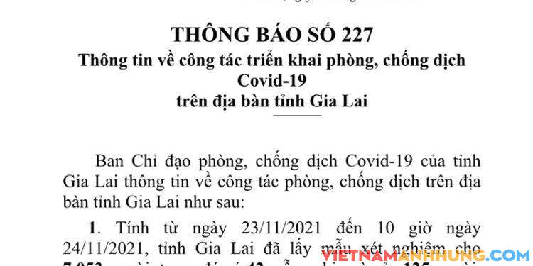 Thông báo 227: Sáng 24/11/2021 Gia Lai ghi nhận 103 trường hợp dương tính mới với Sars-CoV-2