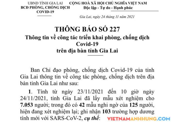 Thông báo 227: Sáng 24/11/2021 Gia Lai ghi nhận 103 trường hợp dương tính mới với Sars-CoV-2
