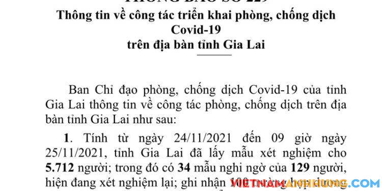 Thông báo 229: Sáng 25/11/2021 Gia Lai ghi nhận thêm 100 trường hợp dương tính với Sars-CoV-2