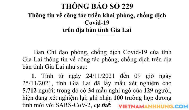 Thông báo 229: Sáng 25/11/2021 Gia Lai ghi nhận thêm 100 trường hợp dương tính với Sars-CoV-2
