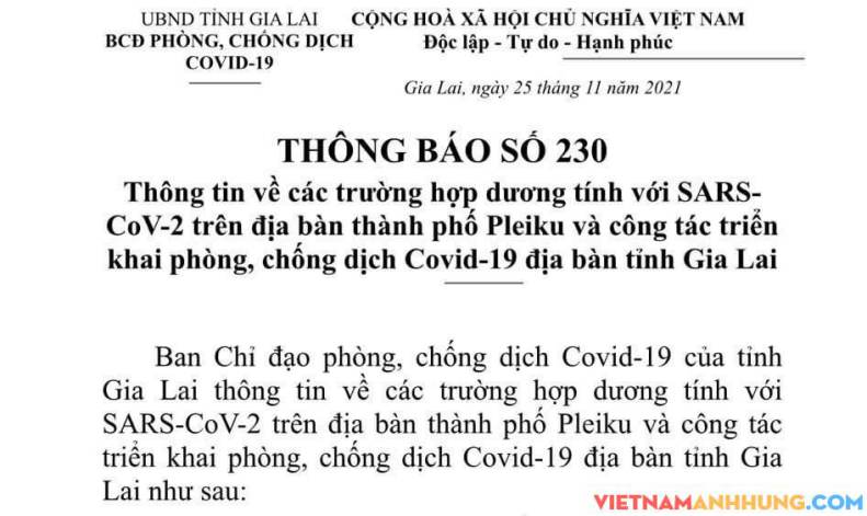 Thông báo 230: Thông tin nhanh về 30 trường hợp dương tính với Sars-CoV-2 tại Pleiku