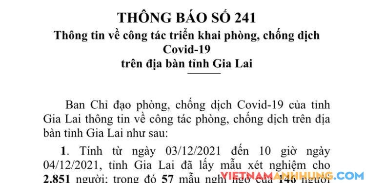 Thông báo 241: Sáng 04/12/2021 Gia Lai ghi nhận 112 trường hợp dương tính với Sars-CoV-2 và 01 trường hợp tái dương tính với Sars-CoV-2