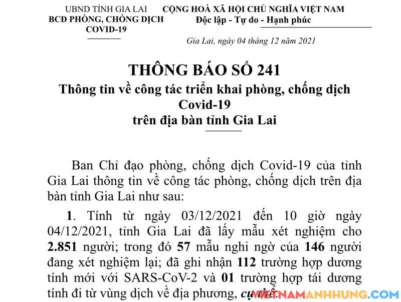 Thông báo 241: Sáng 04/12/2021 Gia Lai ghi nhận 112 trường hợp dương tính với Sars-CoV-2 và 01 trường hợp tái dương tính với Sars-CoV-2
