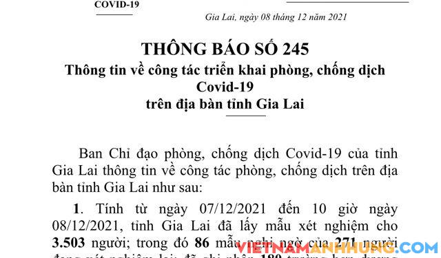 Thông báo 245: Sáng 08/12/2021 Gia Lai ghi nhận thêm 180 trường hợp dương tính với Sars-CoV-2
