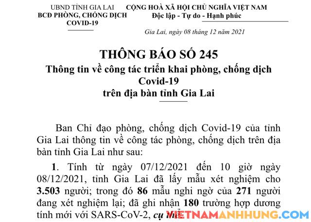 Thông báo 245: Sáng 08/12/2021 Gia Lai ghi nhận thêm 180 trường hợp dương tính với Sars-CoV-2