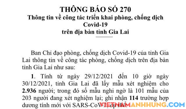 Thông báo 270: Đến trưa ngày 30/12/2021, Gia Lai ghi nhận 114 trường hợp dương tính mới với Sars-CoV-2