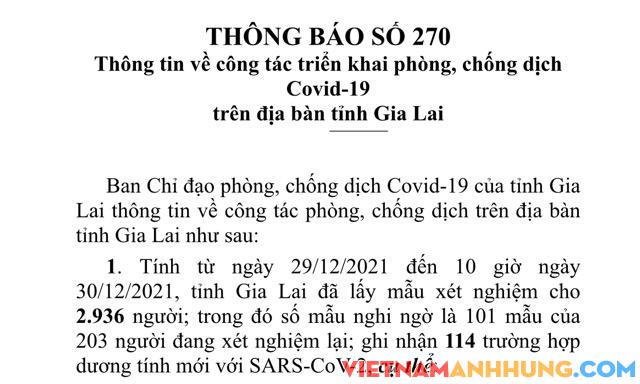 Thông báo 270: Đến trưa ngày 30/12/2021, Gia Lai ghi nhận 114 trường hợp dương tính mới với Sars-CoV-2