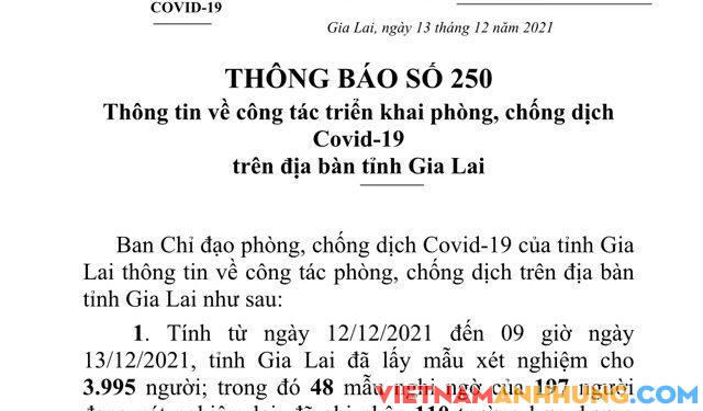 Thông báo 250: Sáng 13/12/2021 Gia Lai ghi nhận thêm 110 trường hợp dương tính mới với Sars-CoV-2, riêng chùm ca ở Phú Thiện thêm 40 trường hợp, Trung tâm thương mại Pleiku thêm 18 trường hợp dương tính mới
