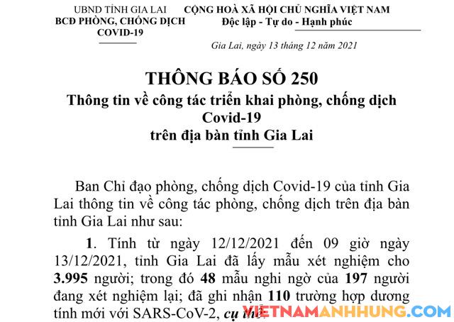Thông báo 250: Sáng 13/12/2021 Gia Lai ghi nhận thêm 110 trường hợp dương tính mới với Sars-CoV-2, riêng chùm ca ở Phú Thiện thêm 40 trường hợp, Trung tâm thương mại Pleiku thêm 18 trường hợp dương tính mới