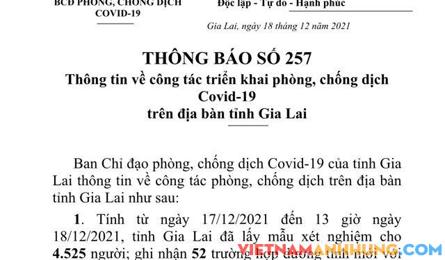 Thông báo 257: Ngày 18/12/2021, Gia Lai ghi nhận thêm 52 trường hợp dương tính mới với Sars-CoV-2