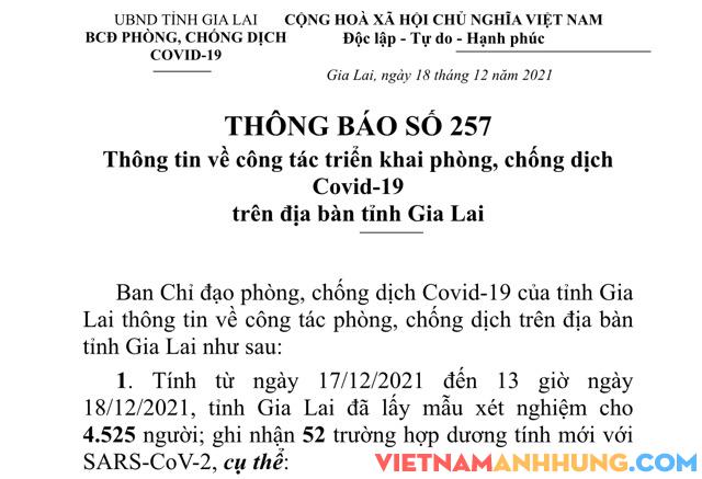 Thông báo 257: Ngày 18/12/2021, Gia Lai ghi nhận thêm 52 trường hợp dương tính mới với Sars-CoV-2