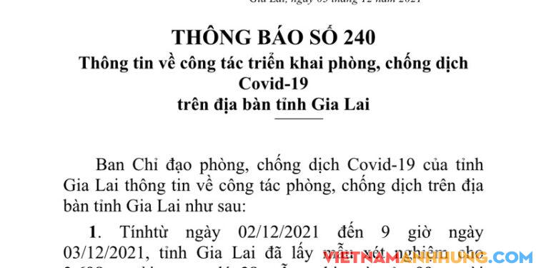 Thông báo 240: Sáng 03/12/2021 Gia Lai ghi nhận 116 trường hợp dương tính với Sars-CoV-2
