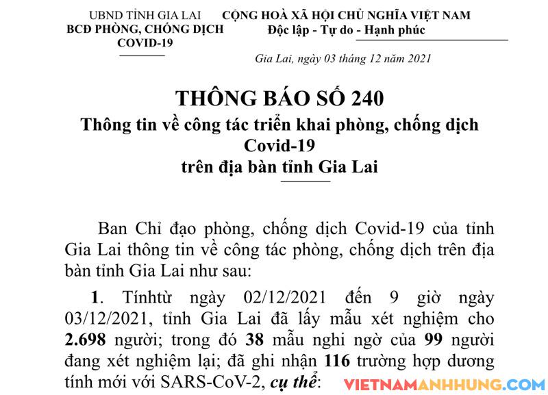 Thông báo 240: Sáng 03/12/2021 Gia Lai ghi nhận 116 trường hợp dương tính với Sars-CoV-2