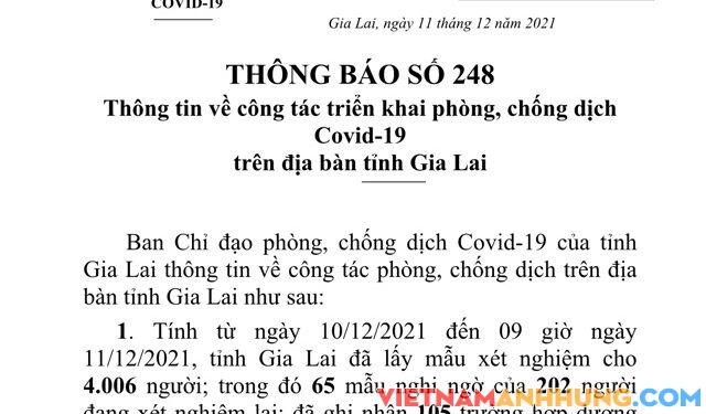 Thông báo 248: Sáng 11/12/2021, Gia Lai ghi nhận thêm 105 trường hợp dương tính với Sars-CoV-2