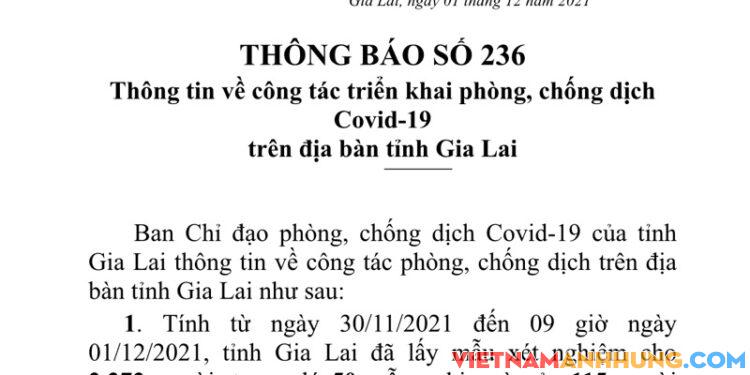 Thông báo 236: Sáng ngày 01/12/2021, Gia Lai ghi nhận thêm 128 trường hợp dương tính với Sars-CoV-2