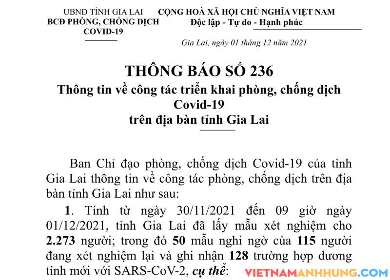 Thông báo 236: Sáng ngày 01/12/2021, Gia Lai ghi nhận thêm 128 trường hợp dương tính với Sars-CoV-2