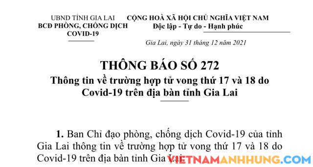 Thông báo 272: Thông tin về ca tử vong thứ 17 và 18 do Covid-19 trên địa bàn