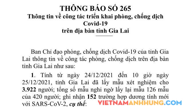 Thông báo 265: Tính đến trưa ngày 25/12/2021 Gia Lai ghi nhận thêm 152 trường hợp dương tính mới với Sars-CoV-2