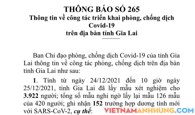 Thông báo 265: Tính đến trưa ngày 25/12/2021 Gia Lai ghi nhận thêm 152 trường hợp dương tính mới với Sars-CoV-2