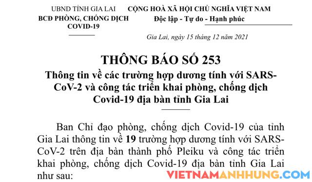 Thông báo 253: Thông tin nhanh về 19 trường hợp dương tính mới với Sars-CoV-2 tại thành phố Pleiku
