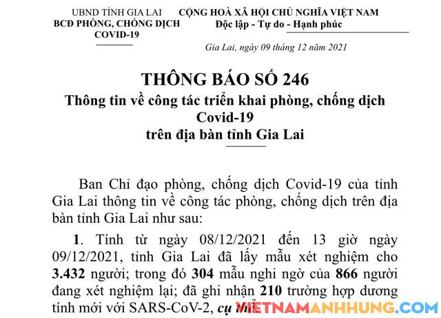 Thông báo 246: Ngày 09/12/2021 Gia Lai ghi nhận thêm 210 trường hợp dương tính với Sars-CoV-2