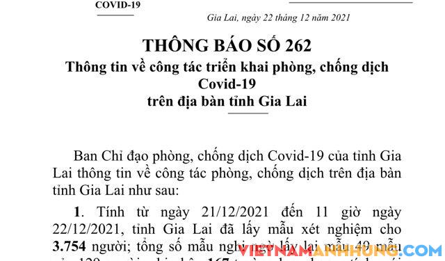 Thông báo 262: Tính đến trưa ngày 22/12/2021, Gia Lai ghi nhận thêm 167 trường hợp dương tính mới với Sars-CoV-2
