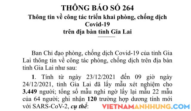 Thông báo 264: Sáng ngày 24/12/2021, Gia Lai ghi nhận thêm 120 trường hợp dương tính mới với Sars-CoV-2