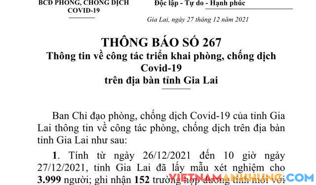 Thông báo 267: Tính đến trưa 27/12/2021, Gia Lai ghi nhận thêm 152 trường hợp dương tính mới với Sars-CoV-2
