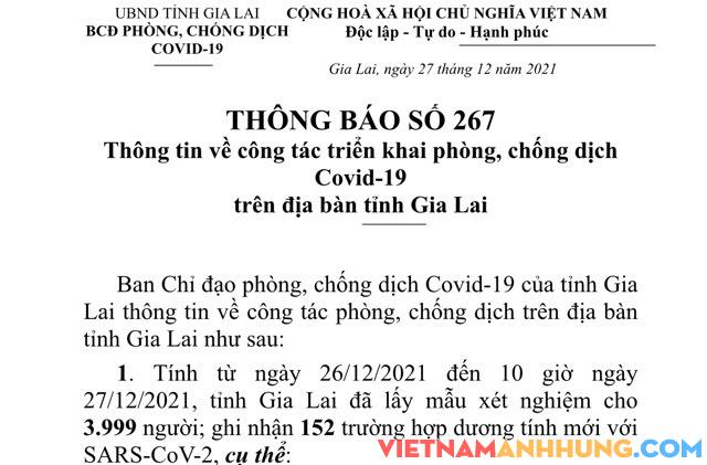 Thông báo 267: Tính đến trưa 27/12/2021, Gia Lai ghi nhận thêm 152 trường hợp dương tính mới với Sars-CoV-2