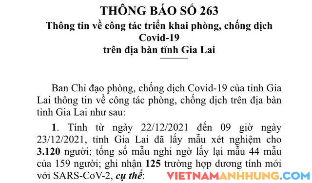 Thông báo 263: Sáng ngày 23/12/2021, Gia Lai ghi nhận thêm 125 trường hợp dương tính mới Sars-CoV-2 và thông tin về ca tử vong thứ 16 vì Covid-19