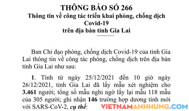 Thông báo 266: Tính đến 11h ngày 26/12/2021, Gia Lai ghi nhận thêm 146 trường hợp dương tính mới với Sars-CoV-2