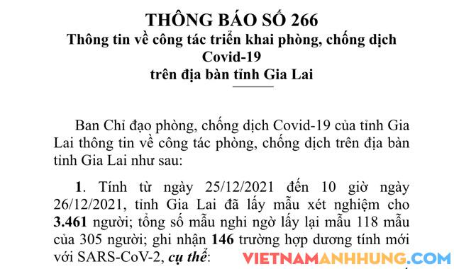Thông báo 266: Tính đến 11h ngày 26/12/2021, Gia Lai ghi nhận thêm 146 trường hợp dương tính mới với Sars-CoV-2