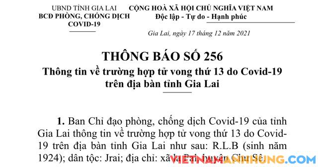Thông báo 256: Thông tin về ca tử vong thứ 13