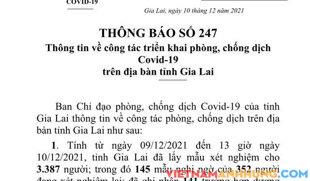 Thông báo 247: Gia Lai ghi nhận 141 trường hợp dương tính với Sars-CoV-2