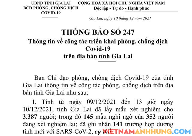 Thông báo 247: Gia Lai ghi nhận 141 trường hợp dương tính với Sars-CoV-2