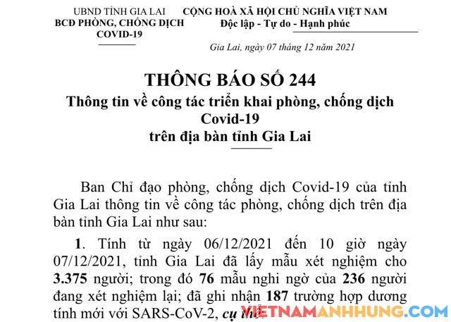 Thông báo số 244: Sáng 07/12/2021, Gia Lai ghi nhận thêm 187 trường hợp dương tính với Sars-CoV-2