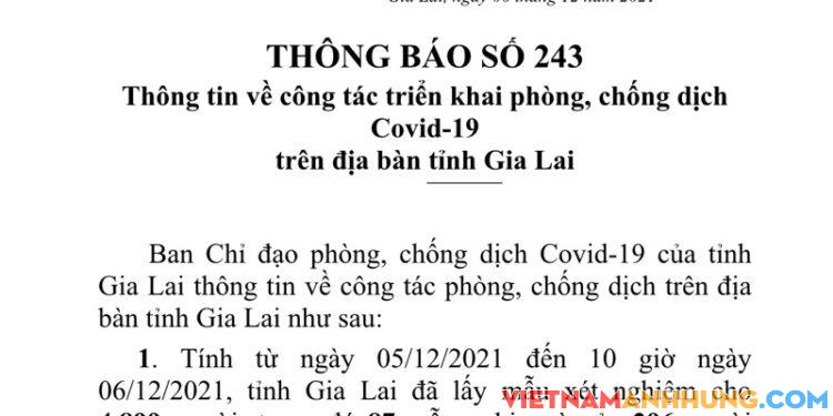 Thông báo 243: Sáng ngày 06/12/2021, Gia Lai ghi nhận 169 trường hợp dương tính với Sars-CoV-2