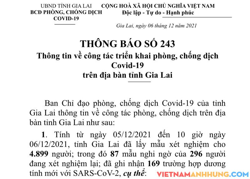 Thông báo 243: Sáng ngày 06/12/2021, Gia Lai ghi nhận 169 trường hợp dương tính với Sars-CoV-2