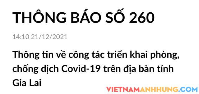 Thông báo số 260: Ngày 21/12/2021, Gia Lai ghi nhận thêm 91 trường hợp dương tính mới với Sars-CoV-2