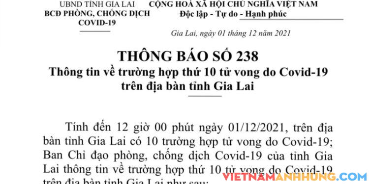 Thông báo 238: Gia Lai có ca tử vong thứ 10 do nhiễm Covid-19