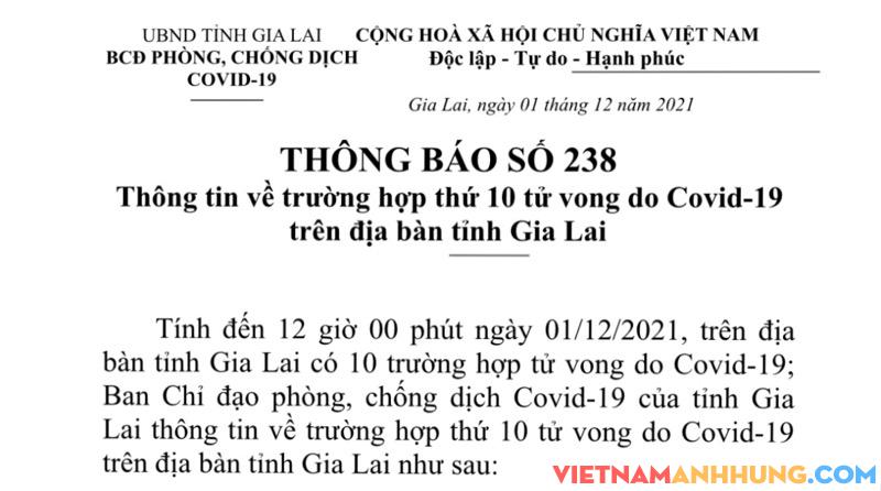 Thông báo 238: Gia Lai có ca tử vong thứ 10 do nhiễm Covid-19