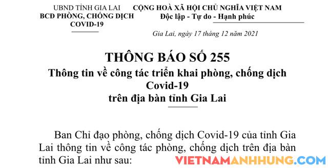Thông báo 255: Sáng 17/12/2021, Gia Lai ghi nhận thêm 171 trường hợp dương tính mới với Sars-CoV-2