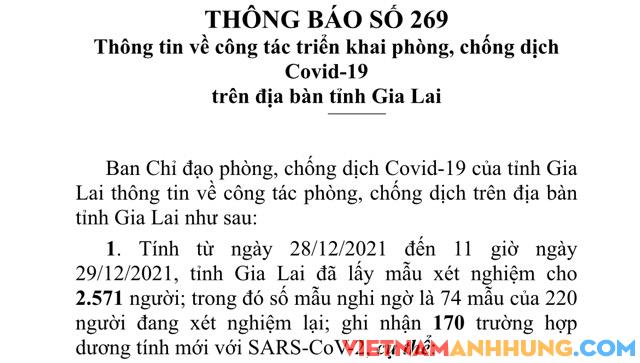 Thông báo 269: Tính đến 13h00p ngày 29/12/2021, Gia Lai ghi nhận thêm 170 trường hợp dương tính mới với Sars-CoV-2