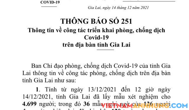 Thông báo 251: Ngày 15/12/2021 Gia Lai ghi nhận 120 trường hợp dương tính mới với Sars-CoV-2
