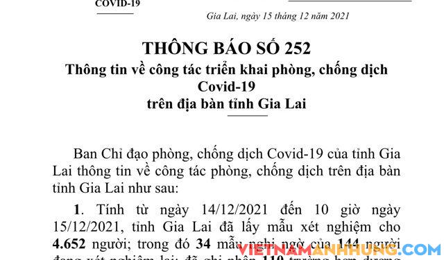 Thông báo 252: Ngày 15/12/2021 Gia Lai ghi nhận 110 trường hợp dương tính mới với Sars-CoV-2
