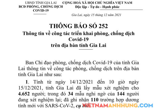 Thông báo 252: Ngày 15/12/2021 Gia Lai ghi nhận 110 trường hợp dương tính mới với Sars-CoV-2
