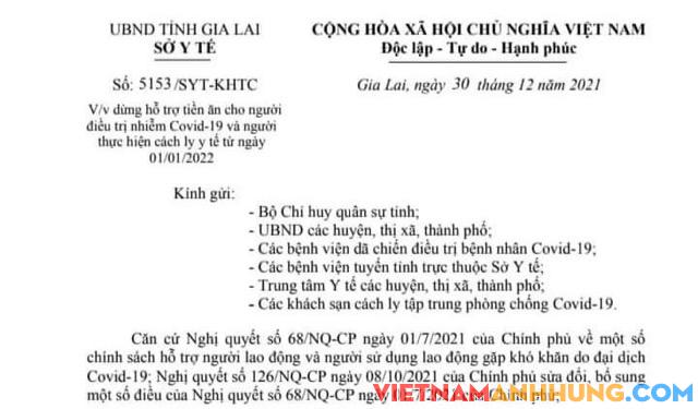 Thông báo: Từ ngày 01.01.2022 sẽ dừng hỗ trợ tiền ăn cho người điều trị nhiễm Covid-19 và người thực hiện cách ly y tế.