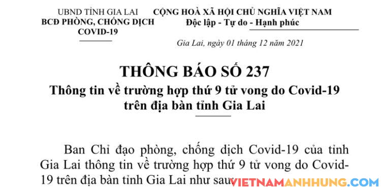 Thông báo 237: Thông tin về trường hợp tử vong thứ 09 do Covid-19
