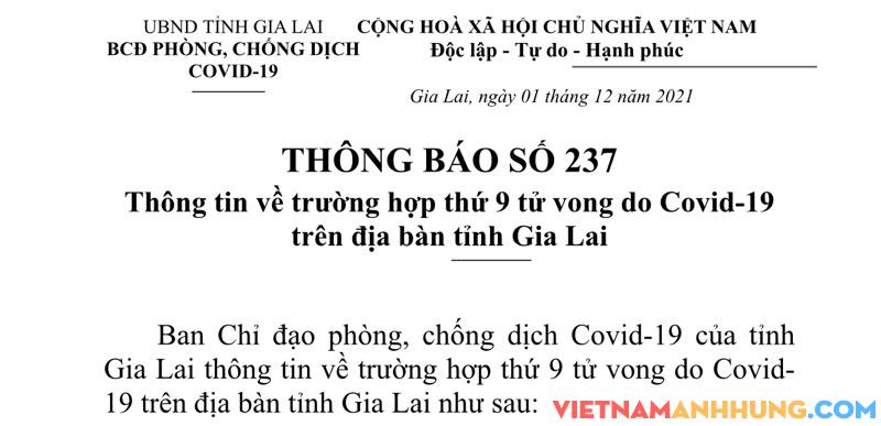 Thông báo 237: Thông tin về trường hợp tử vong thứ 09 do Covid-19